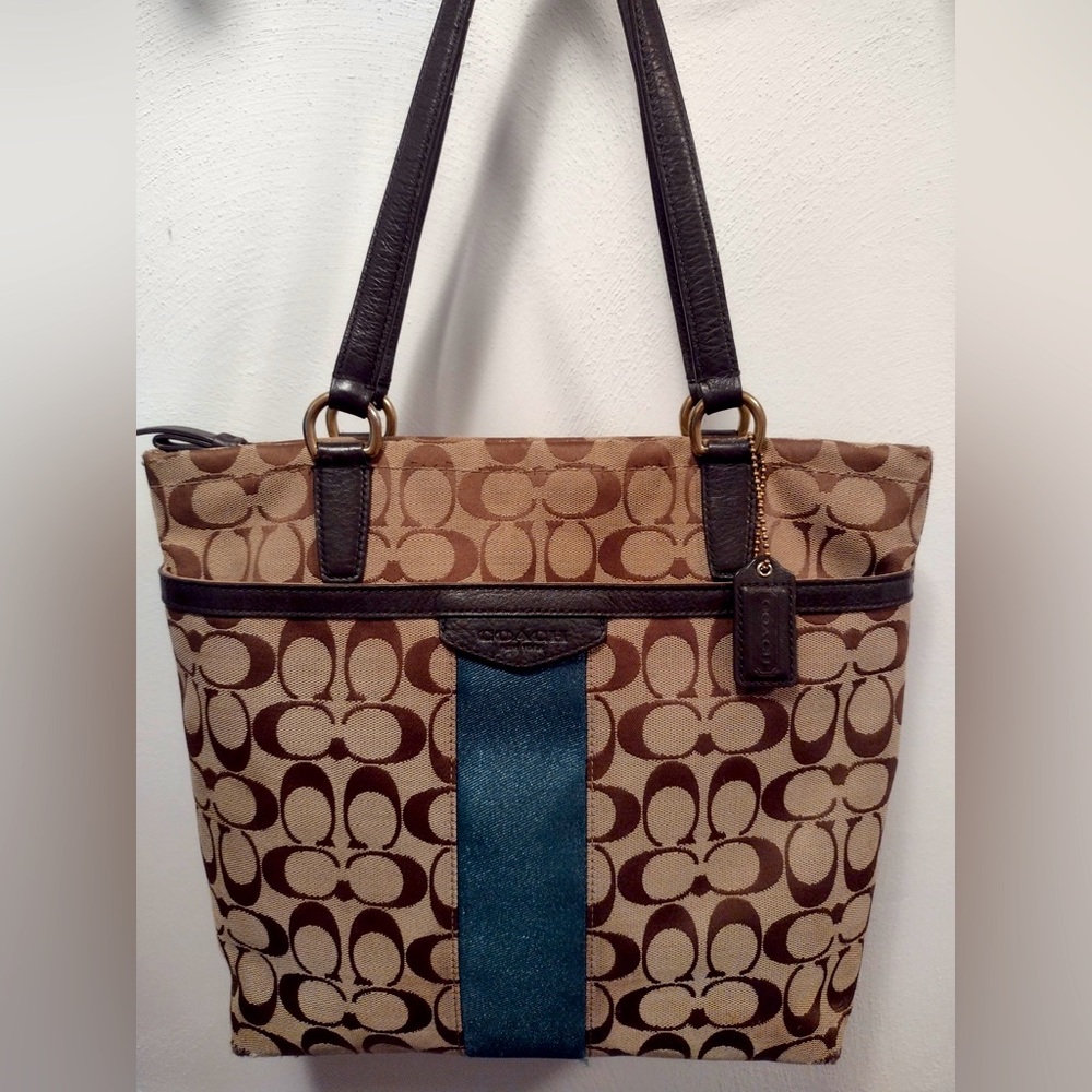 Coach Handbag- Signature C with Teal Stripe - Color: Brown